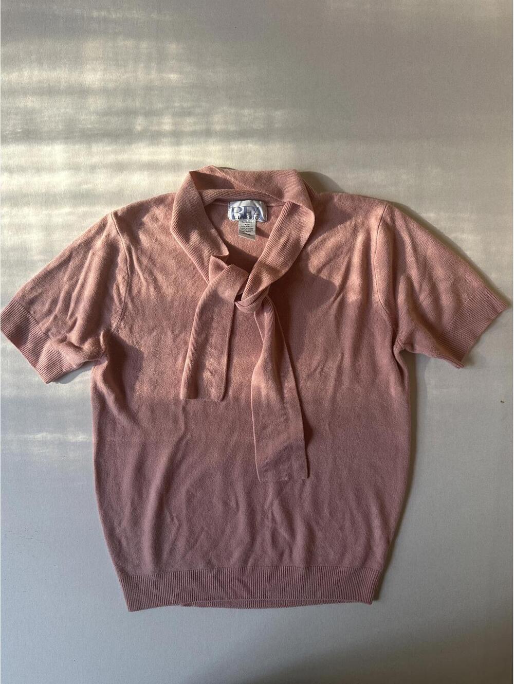 Vintage Soft Pink Short Sleeve Knit Top with Tie Neck